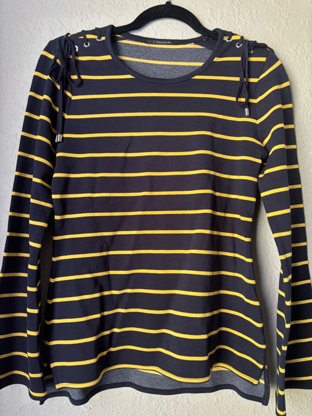 Tahari Navy & Yellow Striped Long Sleeve Tee with Shoulder Tie Detail